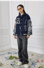 Letter Embroidery Bomber Jacket Men Women Autumn Winter Leather Sleeves