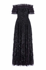 Homecoming Dresses: Black Glitter Sequins A-line Prom Dress Elegant Off Shoulder