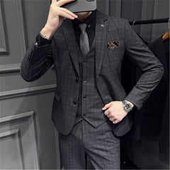 3 Pieces Men's Suit Set for Wedding Blazer Pants Sets Classic Plaid Suit Slim Fit
