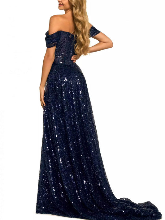 Evening wear Dresses: Off Shoulder Dazzling Sequin Fitted Bodice Evening Night Dress