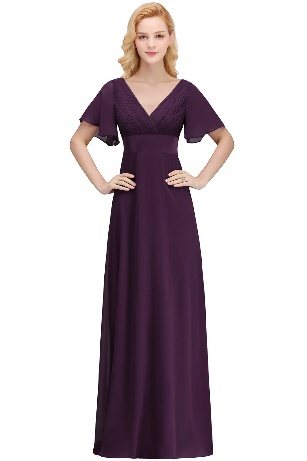 Chiffon Dresses For Prom Dress In Pristine Floor-length Short Sleeves White V-neckline And Sweeping A-line Skirt Zip-up Back