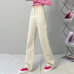 Jeans Women Straight Wide Leg Denim Cream Color High Waisted JeanY2k
