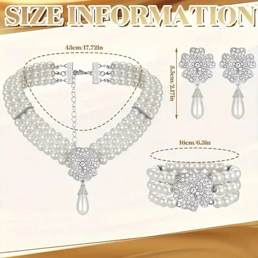 925 Silver, 1 Piece 1920's Pearl Jewellery Set with Vintage Girl Earrings, Layered Faux Pearl Necklace and Bracelet for Women