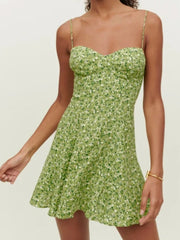 Women Vintage Green Floral Print Thin Strap Chiffon Dress