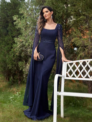 Homecoming Dresses: Chiffon Long Sleeves Navy Evening Dress Cocktail Dress Gown