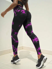 Tie Dyed Fragmented Flower Yoga Leggings High Waist Tight Fit Lifting Hip Fitness