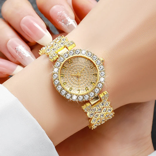 5pcs Luxury Rhinestone Women's Quartz Watch Elegant Ladies Bracelet Wristwatch Jewelry Set(Without Box)