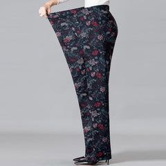 Middle-aged Women Trousers Print Elastic High Waist Casual Pants