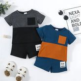 2PCS Summer Toddlers Boy Outfits Short Sleeve Pullover Color Block Top+Pants Fashion Casual Sports Set for Kids Boys 1-4 Years