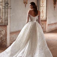 White Bridesmaid Dresses: Wedding Dress Long Sleeve Beading Chapel Train Princess