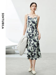 SENTUBILA Womens Slip Midi Print Dresses 2024 Spring Summer Korean Fashion