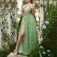 Homecoming Dresses: Wedding Party Dress A Line High Split V Neck Ruffled Prom Dress