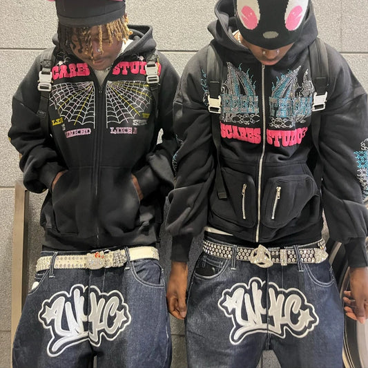 Y2K men Jeans streetwear Printed Letter Black Vintage Pants