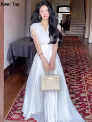 Summer Solid Pleats Long Dresses French Elegant V Neck Holiday Party Vestidos