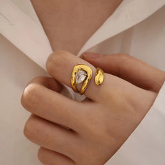 18K Gold Plated Stainless Steel Open Ring Inlaid with Water Drop Shaped Zircon