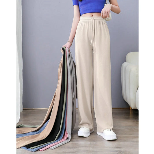 Ice Silk Wide-Leg Pants Women Cool Sweatpants Summer Thin Pleat Loose Straight Pants