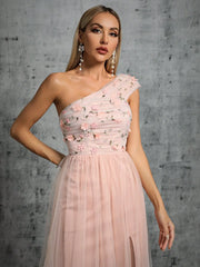 Homecoming Dresses: One shoulder pleated embroidery slit A set of gauze evening
