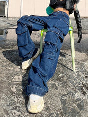 Y2k Clothes Jeans For Women High Waist Loose Patchwork Pockets Solid Denim