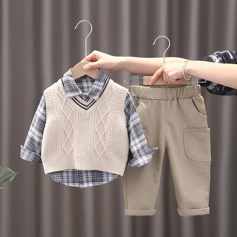 Baby Boys Clothes Suit Children Casual Plaid Shirt Vest Pants 3Pcs/Sets Toddler Cotton Costume Kids Tracksuits