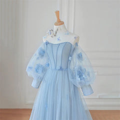 Homecoming Dresses: Sky Blue Tulle Prom Dress Long Sleeve Party Dress A-Line