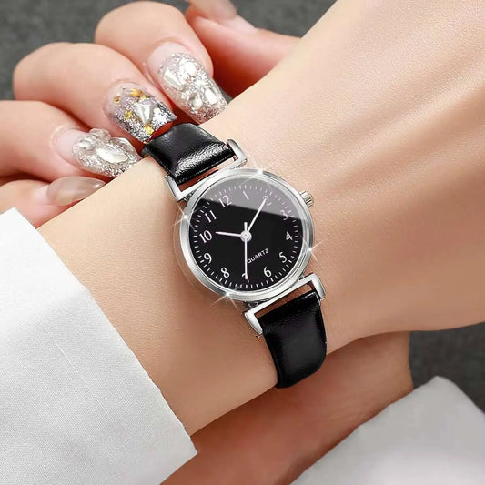 2PCS Fashion Women Quartz Watches Set Simple Small Dial Leather Strap Watch for Girls Reloj Mujer(Without Box)