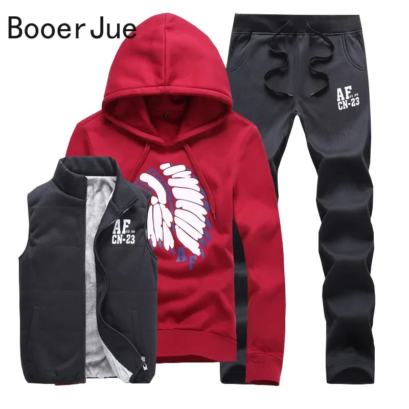 3 Pieces Set Hoodies+Vest+Pants Casual Track Suit Clothing Coats Winter Thick Warm Tracksuit for Couple Printed Mens Set Vest