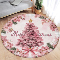 Pink Floral Christmas Tree Round Carpet Green Pine Branch Bowknot New Year Xmas