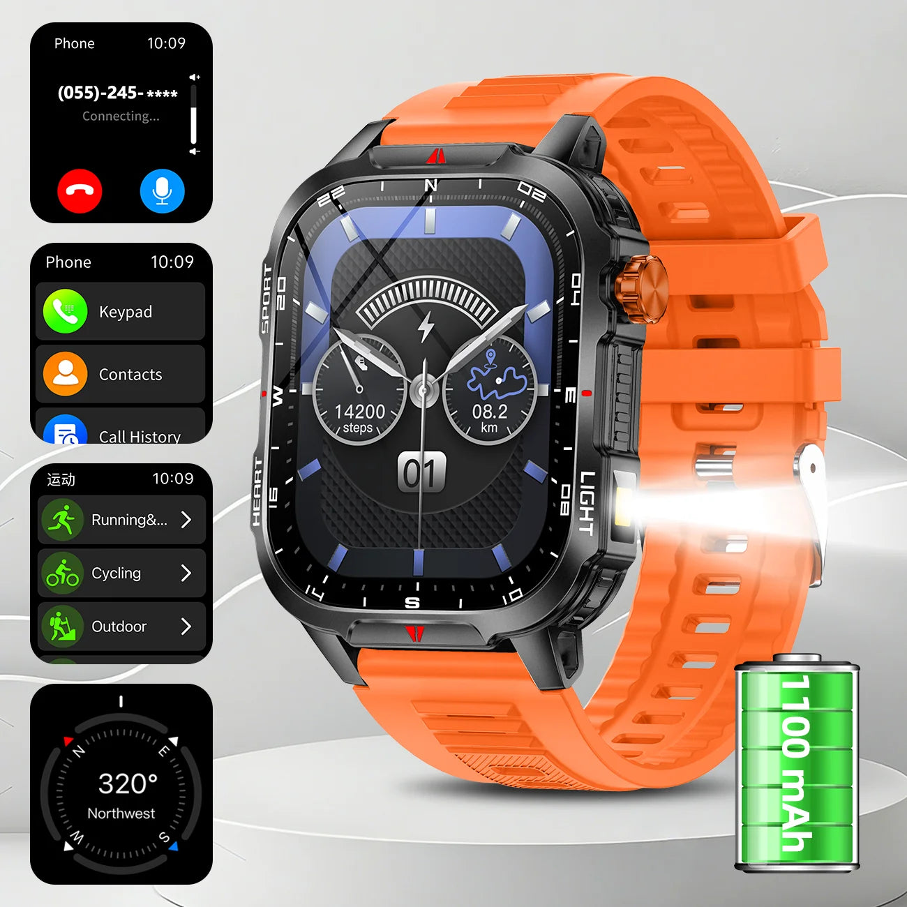 2025 Global Hiking Smartwatch 2.01''Screen 1100mAh Battery LED Light Compass IP68 Voice Assistant Outdoor Sport Fitness Watch
