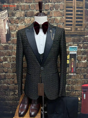Black and White Men's Suit 3-piece Gold Palace Print Road Wedding Costume Men