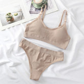 Women Seamless Bra Set Lingerie High Waist Cotton Thong Panties Wire Free