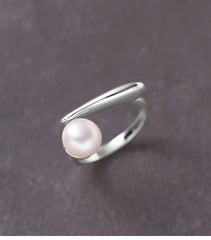 925 Sterling Silver Round Pearl Ring Wedding Adjustable Rings For Women Jewelry