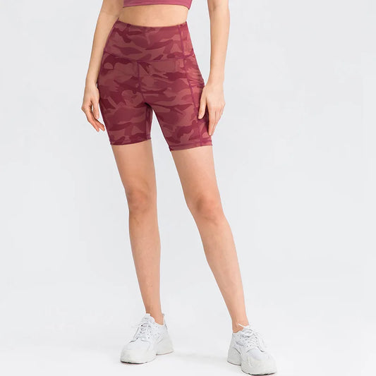 Women's printed nude yoga shorts with pockets skin-friendly tight stretch quick-drying sports fitness hiking running shorts