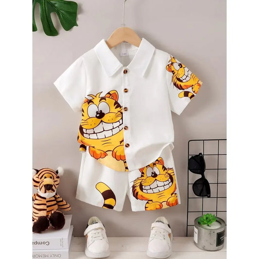2PCS Summer Kid Boy Gentlemen Clothes Set Cartoon Pattern Lapel Collar Top with Shorts Birthday Party Wear for Toddler 1-6 Years