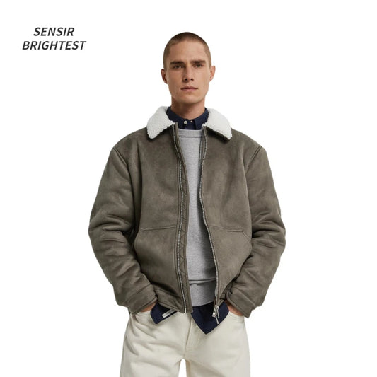 Men's Lambskin Lapel Suede Jacket Autumn And Winter Travel Casual Retro Jacket