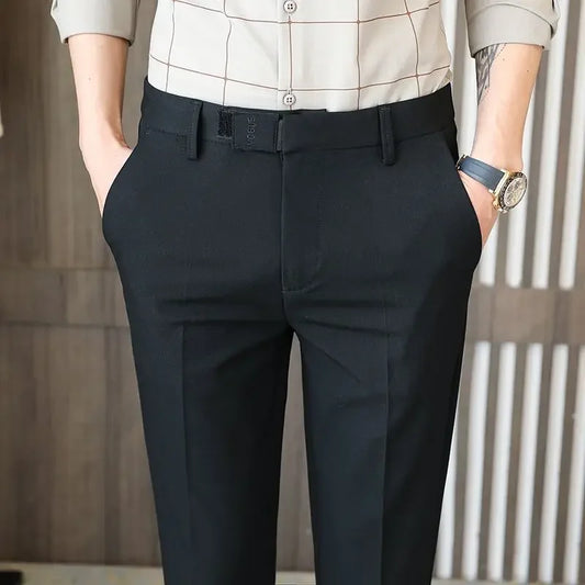 Male Suit Trousers 9 Cropped Work Tressed Office Men's Summer Pants Straight Slim Fit Social
