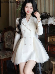 Korean Elegant Mini White Dress Women Vintage Chic Bow Mesh Design