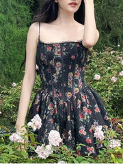 Women Black Flower Print Spliced Mesh Bra Corset style Mini Dress Slim