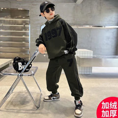 2025 winter autumn Boys Clothes Set cotton Velvet Sweatshirt hooded + Pants Tracksuits Kids Suit Children 4 8 9 10 11 12 14 Year