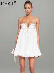 Trendy Women's Diamonds Chain Pleated Sling Dress Spring Fashion