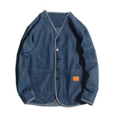 Japan Style Amekaji V-Neck Single Breasted Men Denim Jacket