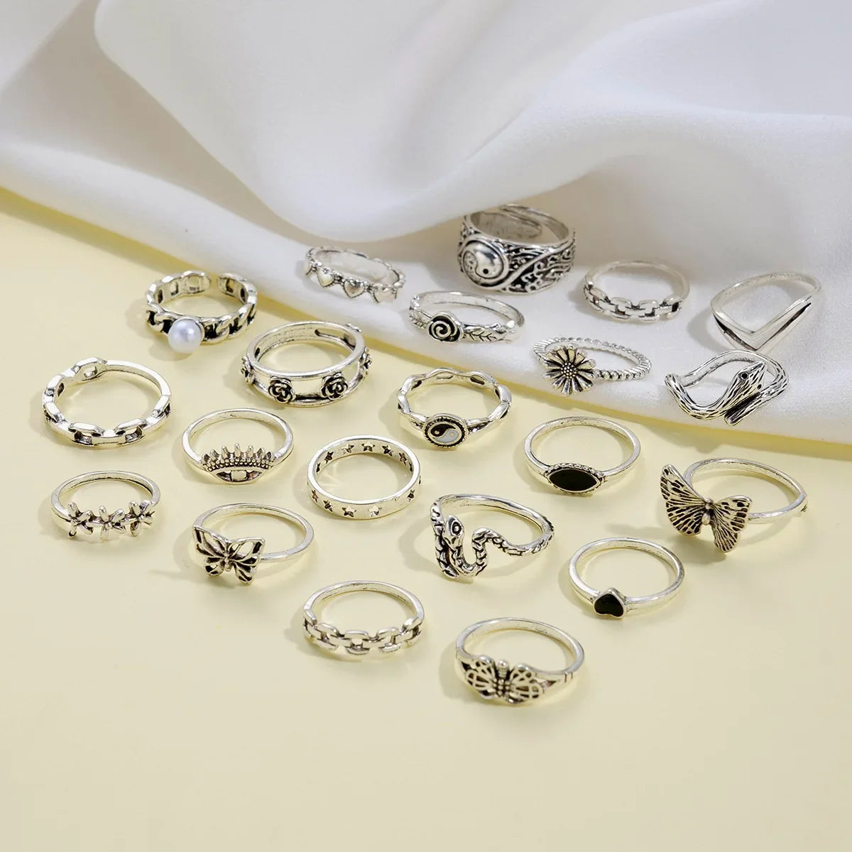 21pcs Set Punk Style Butterfly Heart Stainless Steel Ring and Tai Chi Design