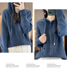 autumn and winter hooded cardigan women's knitted top loose sweater casual