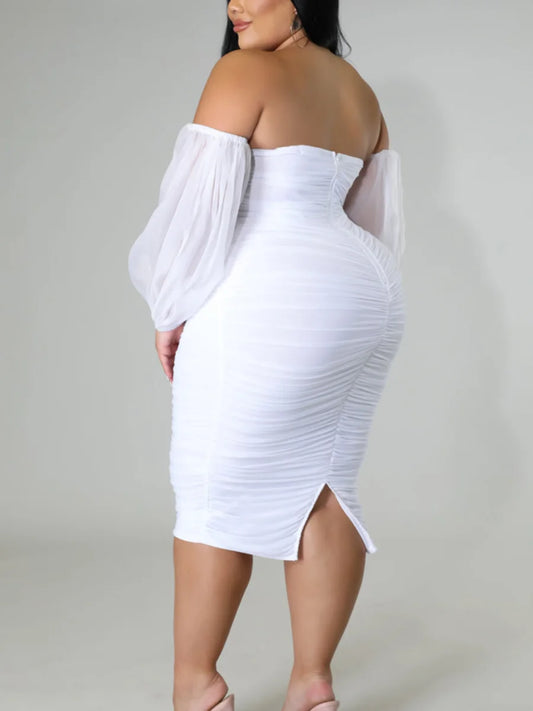 Plus Size Off The Shoulder Ruched Bodycon Dress Women Solid Elegant