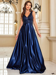 Homecoming Dresses: Evening Dress For Women Deep V-neck Satin Prom Gowns