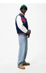 Academy Style Embroidered Vintage Pu Leather Baseball Suit Cotton Autumn Coat Men