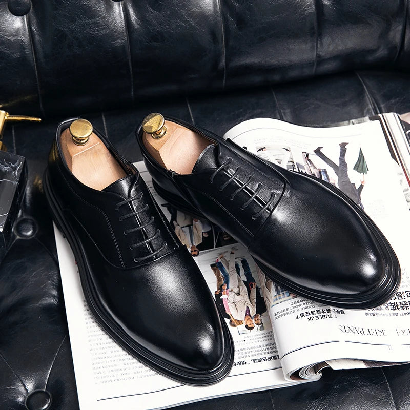 Business Formal Leather Shoes Men's Casual with Suit Low Top Solid Wedding Shoes Color Fashion Oxford Shoes Pointed Office Shoes