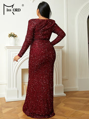 Missord Wine Plus Size Sequin Wedding Party Dress Elegant Women Long Sleeve