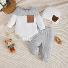 3PCS Newborn Baby Boy Clothes Set Long Sleeved Color Blocked Bodysuit+Gray Pants+Hat Autumn Clothing for Toddlers 1-18 Months