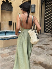 Backless Beach Dress For Women V Neck Splice Folds Long Dresses