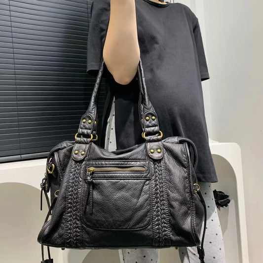 Y2K Spicy Girl One Shoulder Crossbody Bag Vintage Washed Leather Soft Leather